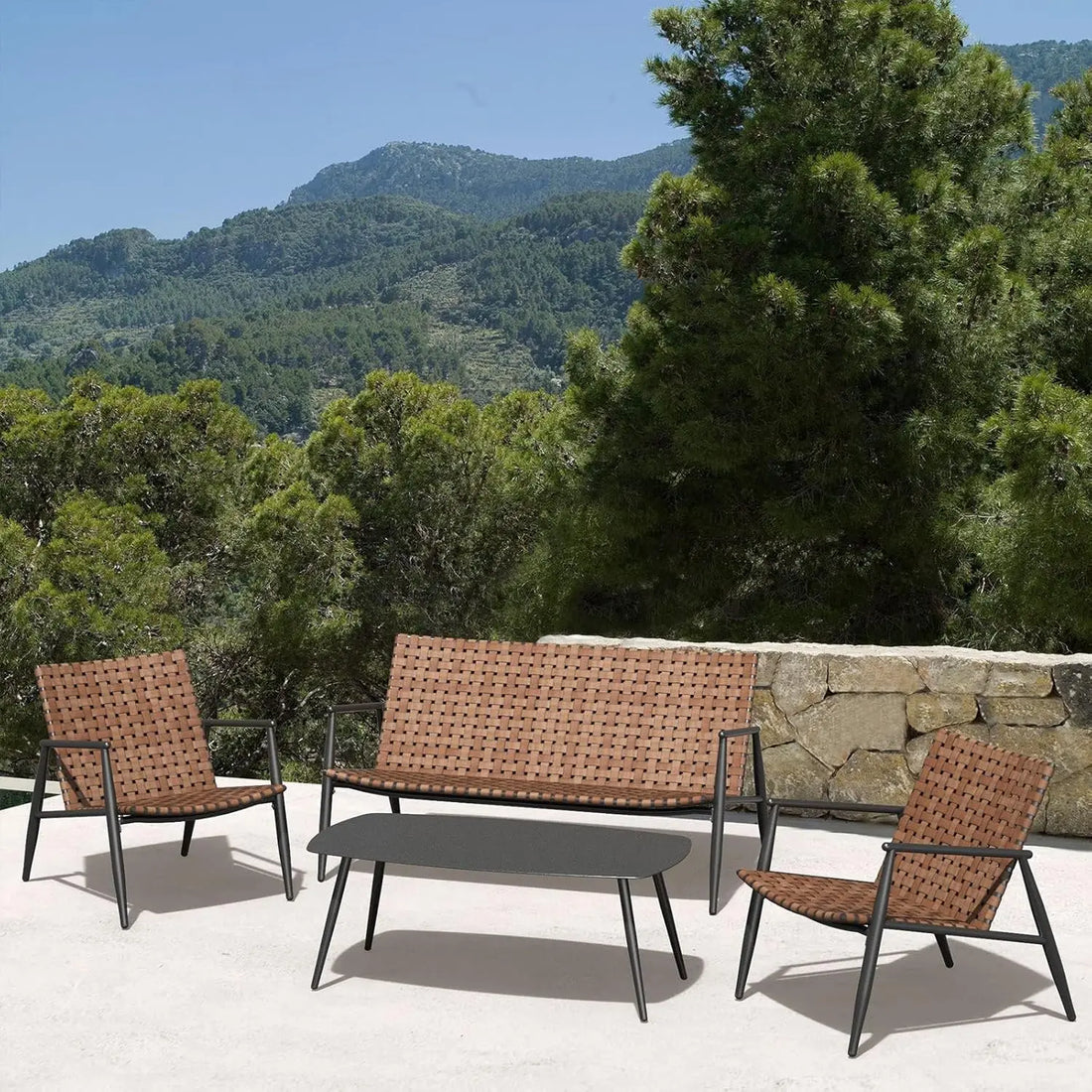 4-Piece Outdoor Furniture Set – Vintage Brown Wicker Patio Chairs, Loveseat & Coffee Table