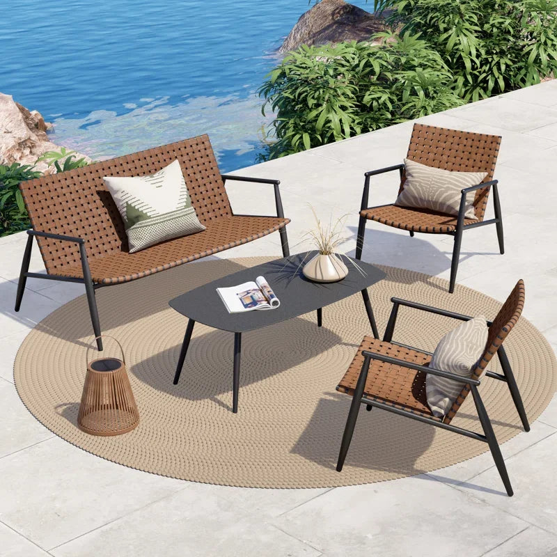 4-Piece Outdoor Furniture Set – Vintage Brown Wicker Patio Chairs, Loveseat & Coffee Table
