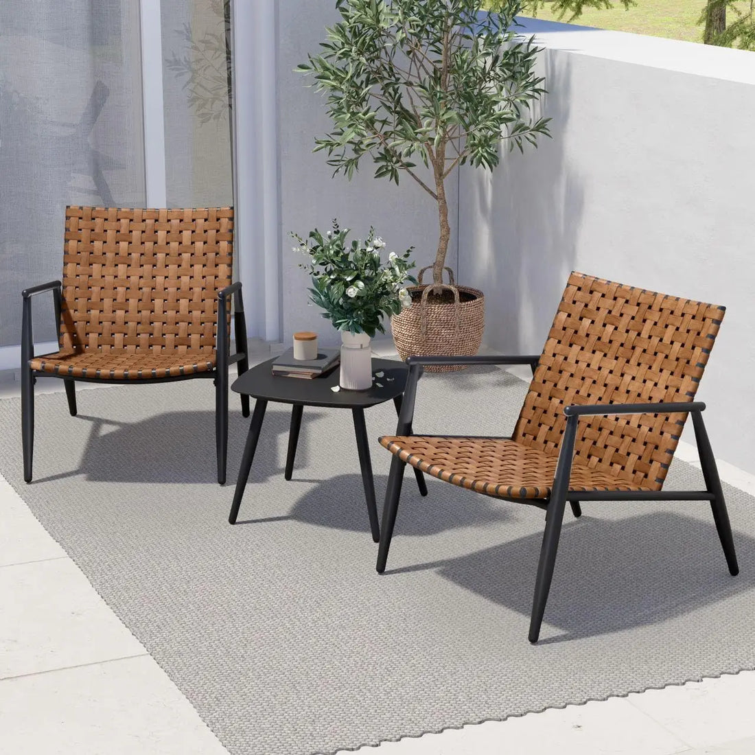 4-Piece Outdoor Furniture Set – Vintage Brown Wicker Patio Chairs, Loveseat & Coffee Table