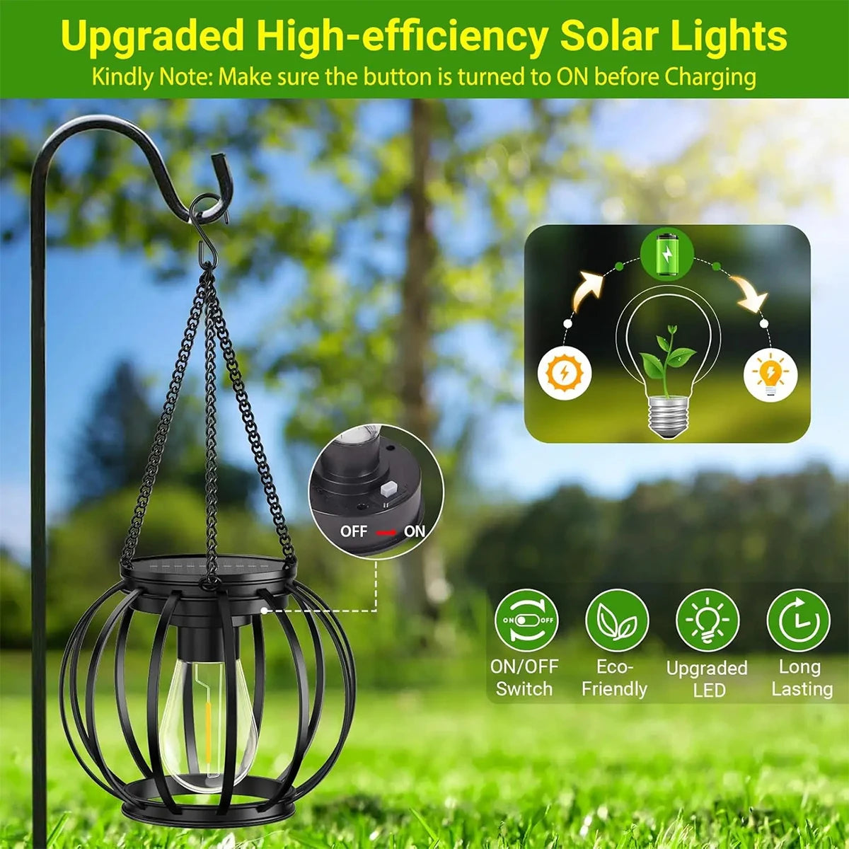 Solar LED Garden Lantern – 3000K Warm Light, Daylight Sensor, Waterproof Iron-Art with Durable Hanging Chain