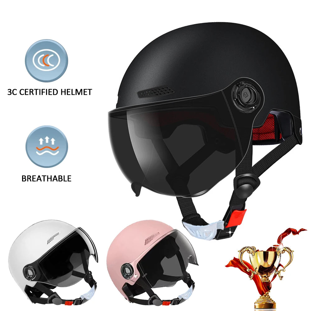 Electric Motorcycle Open-Face Helmet with Goggles – Anti-UV Safety Cap for Men & Women