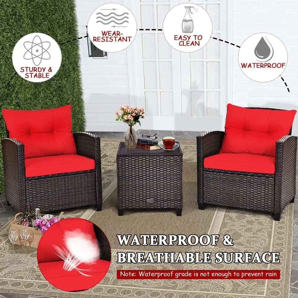 3 Pieces Patio Furniture Set, PE Rattan Wicker 3 Pcs Outdoor Sofa Set w/Washable Cushion and Tempered Glass Tabletop