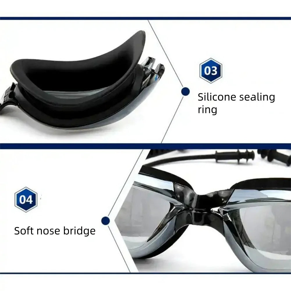 Adult Myopia Swimming Goggles with Earplugs – Anti-Fog HD Electroplated Lens