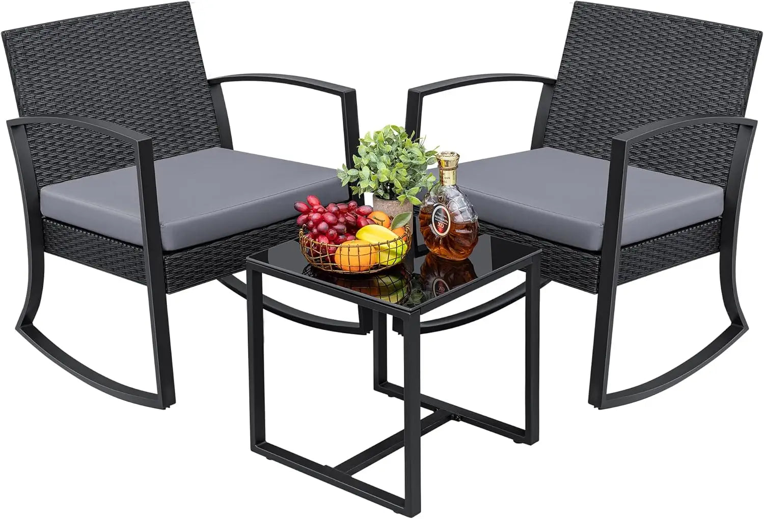 3-Piece Outdoor Furniture Set – Black Bistro Rocking Chairs & Glass Coffee Table