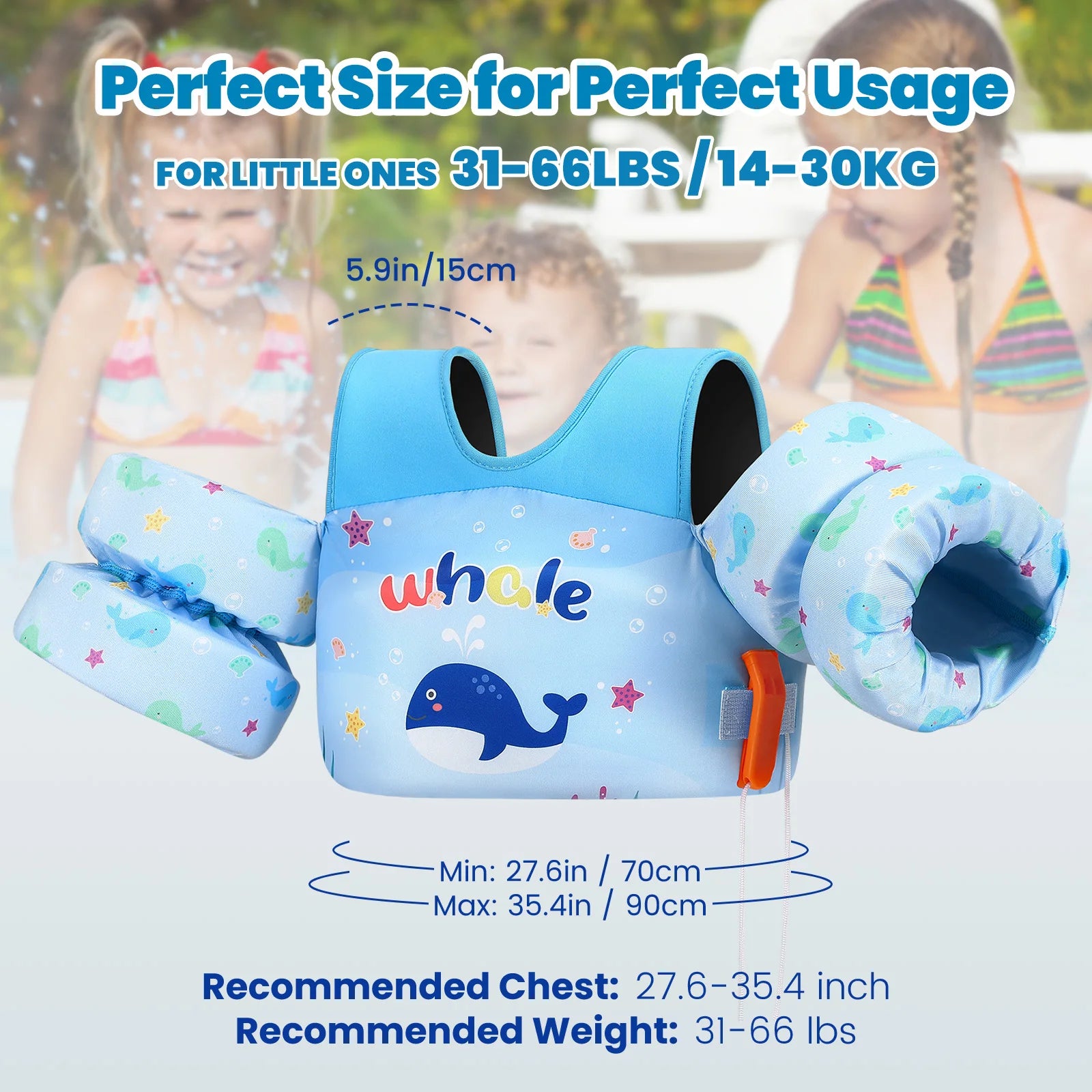 Children’s Swim Life Vest with Arm Floats & Whistle