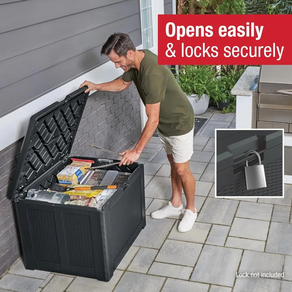 Weather-Resistant Black Deck Storage Box for Patio, Pool, and Garden Organization