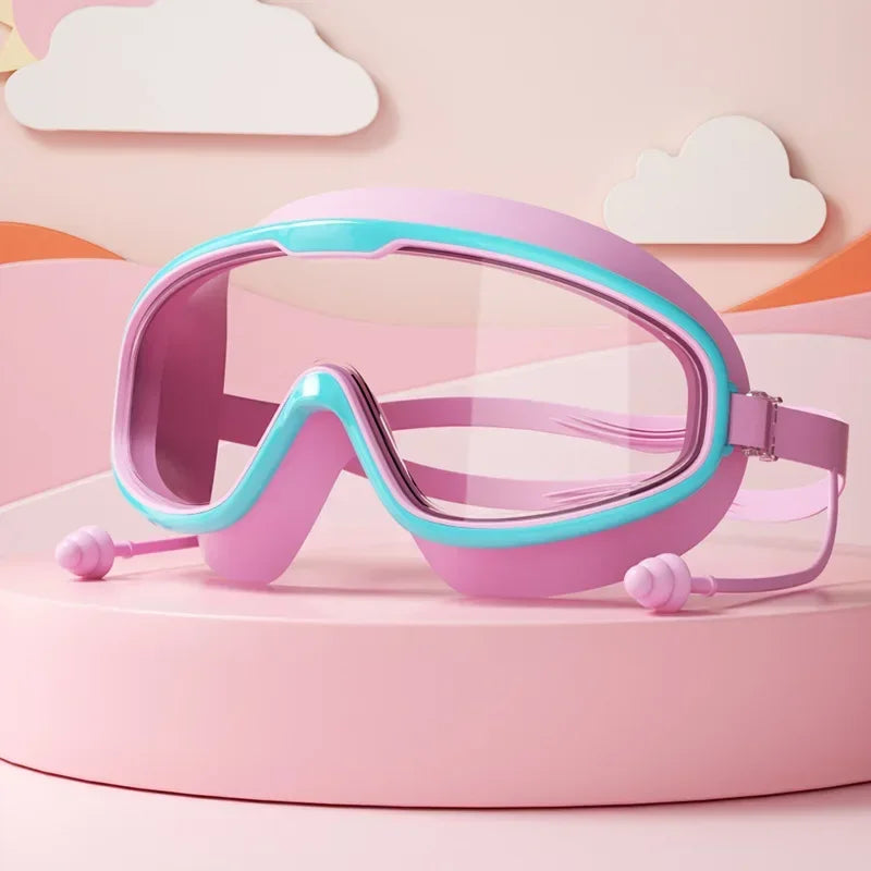 Big Frame Swimming Goggles with Earplugs – Anti-Fog, No-Leak, Wide View for Kids & Adults