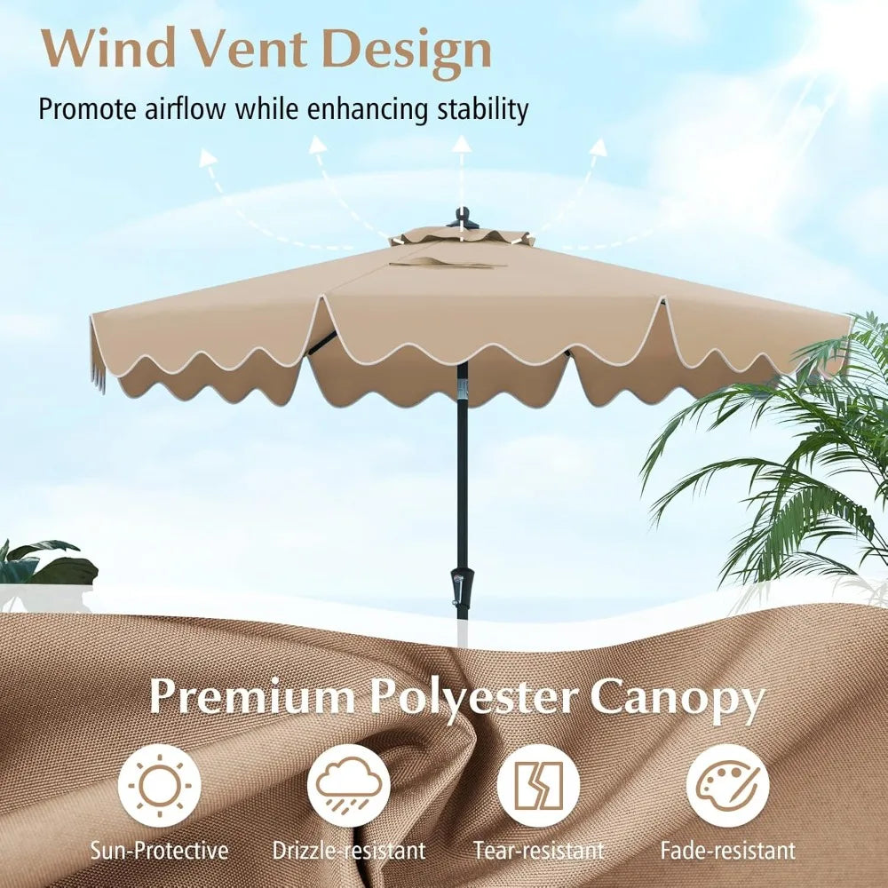 9Ft 2-Tier Patio Umbrella with Crank & Tilt – Scalloped Sun Shade Outdoor Canopy
