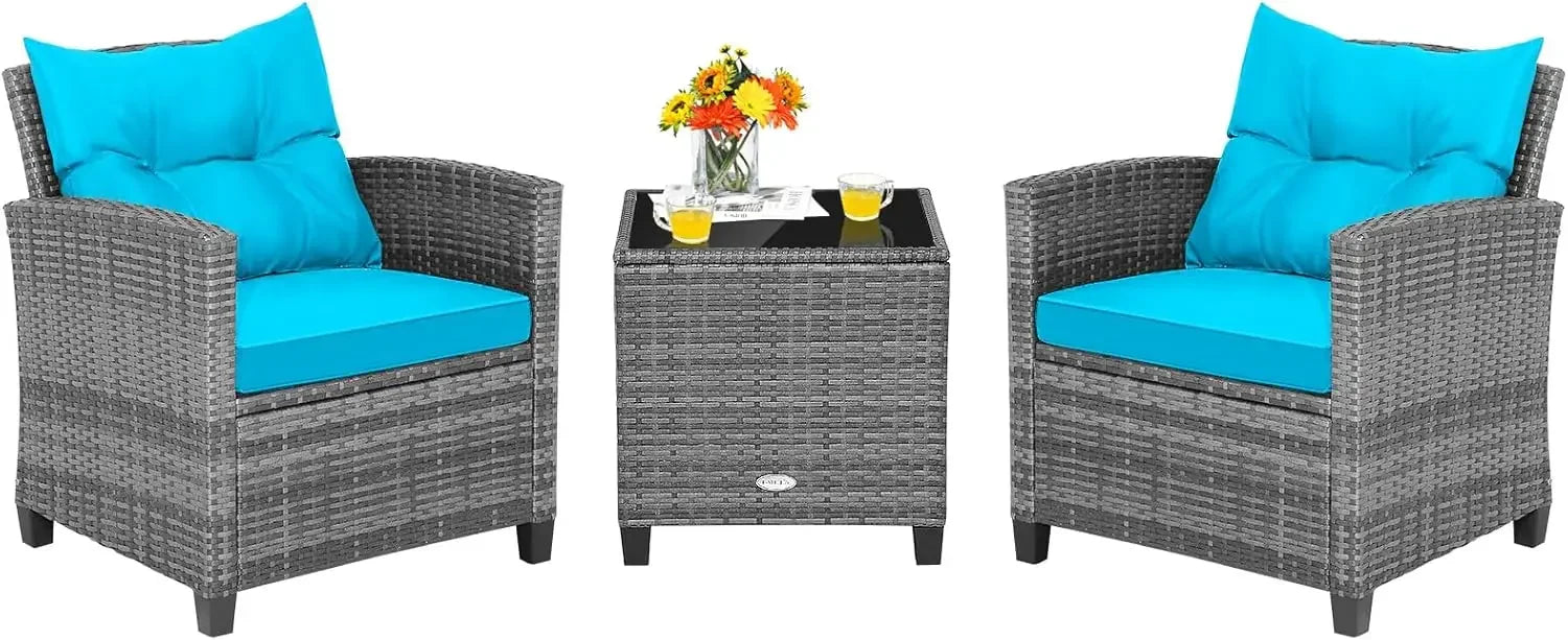 3 Pieces Patio Furniture Set, PE Rattan Wicker 3 Pcs Outdoor Sofa Set w/Washable Cushion and Tempered Glass Tabletop