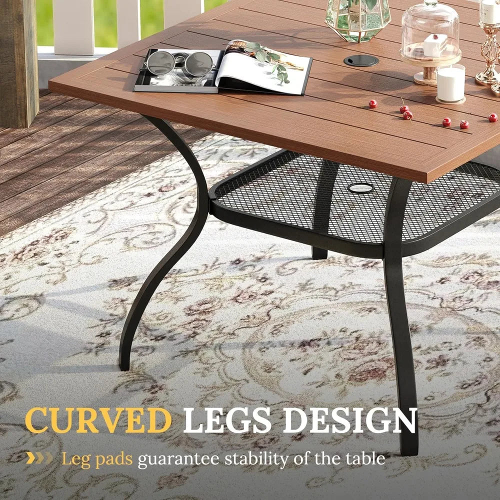 Square Outdoor Patio Dining Table with Wood-Like Top – Weather-Resistant Metal Frame