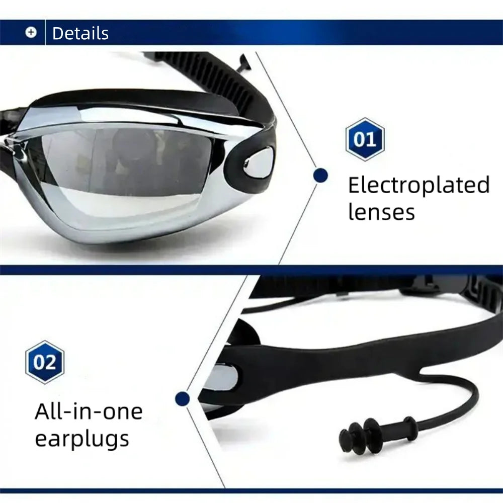 Adult Myopia Swimming Goggles with Earplugs – Anti-Fog HD Electroplated Lens