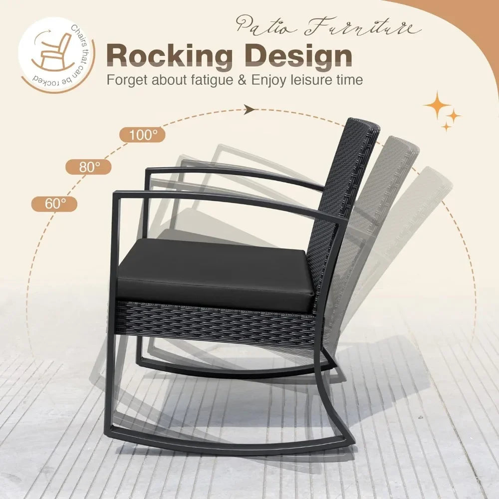 3-Piece Outdoor Furniture Set – Black Bistro Rocking Chairs & Glass Coffee Table