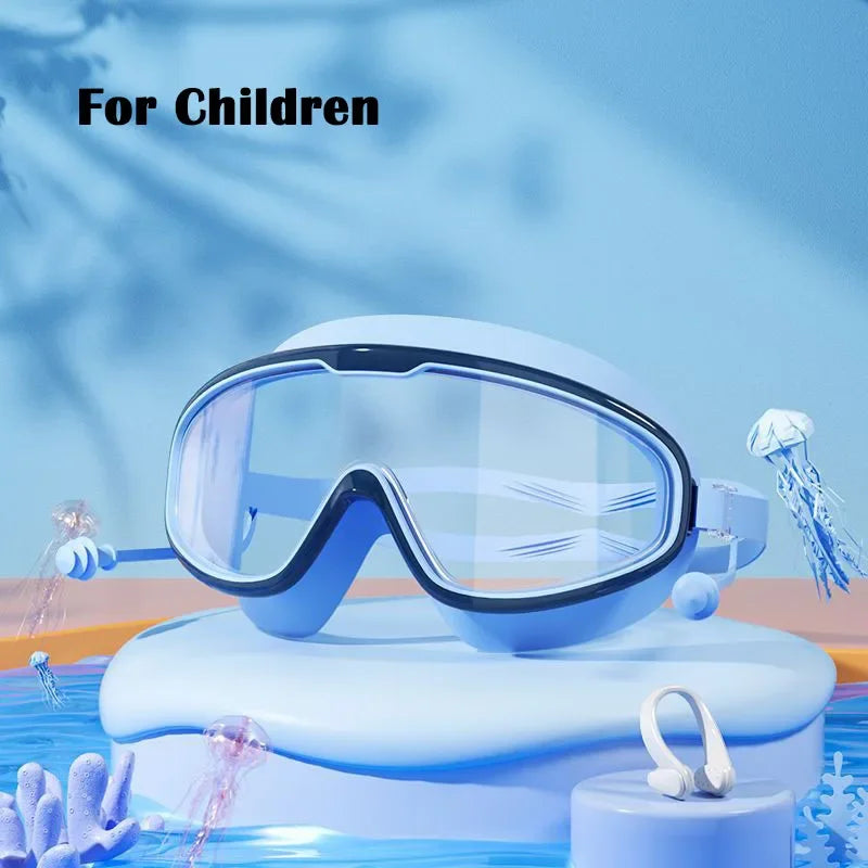 Big Frame Swimming Goggles with Earplugs – Anti-Fog, No-Leak, Wide View for Kids & Adults