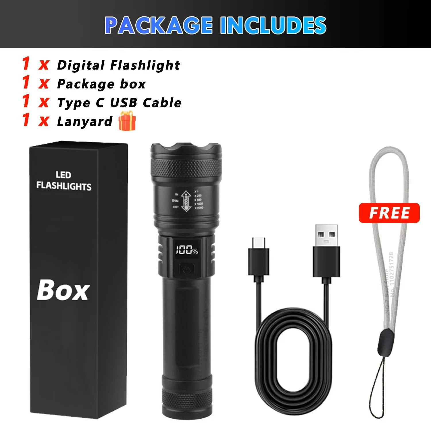 2000LM Tactical LED Flashlight – USB Rechargeable Zoom Torch with Display