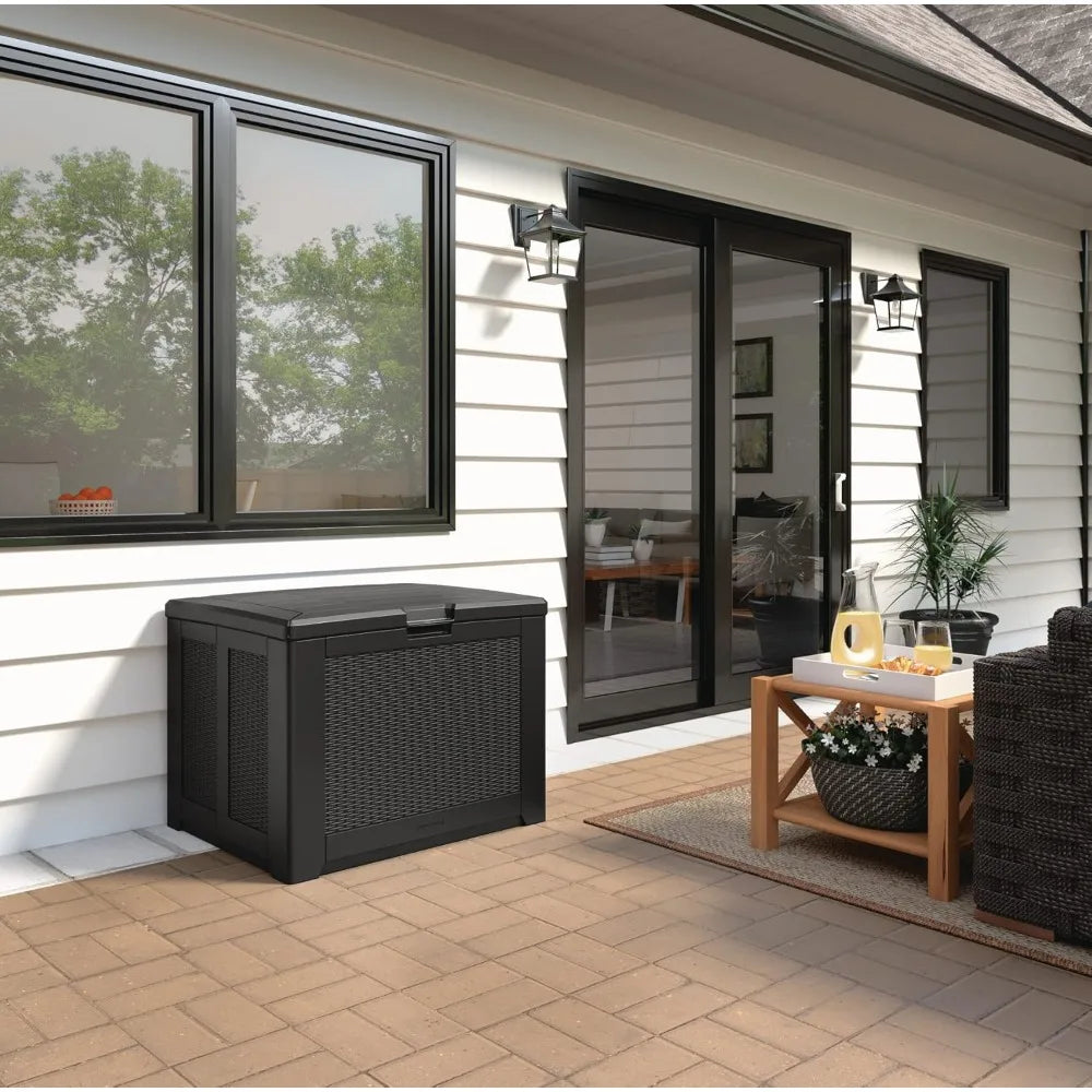Weather-Resistant Black Deck Storage Box for Patio, Pool, and Garden Organization