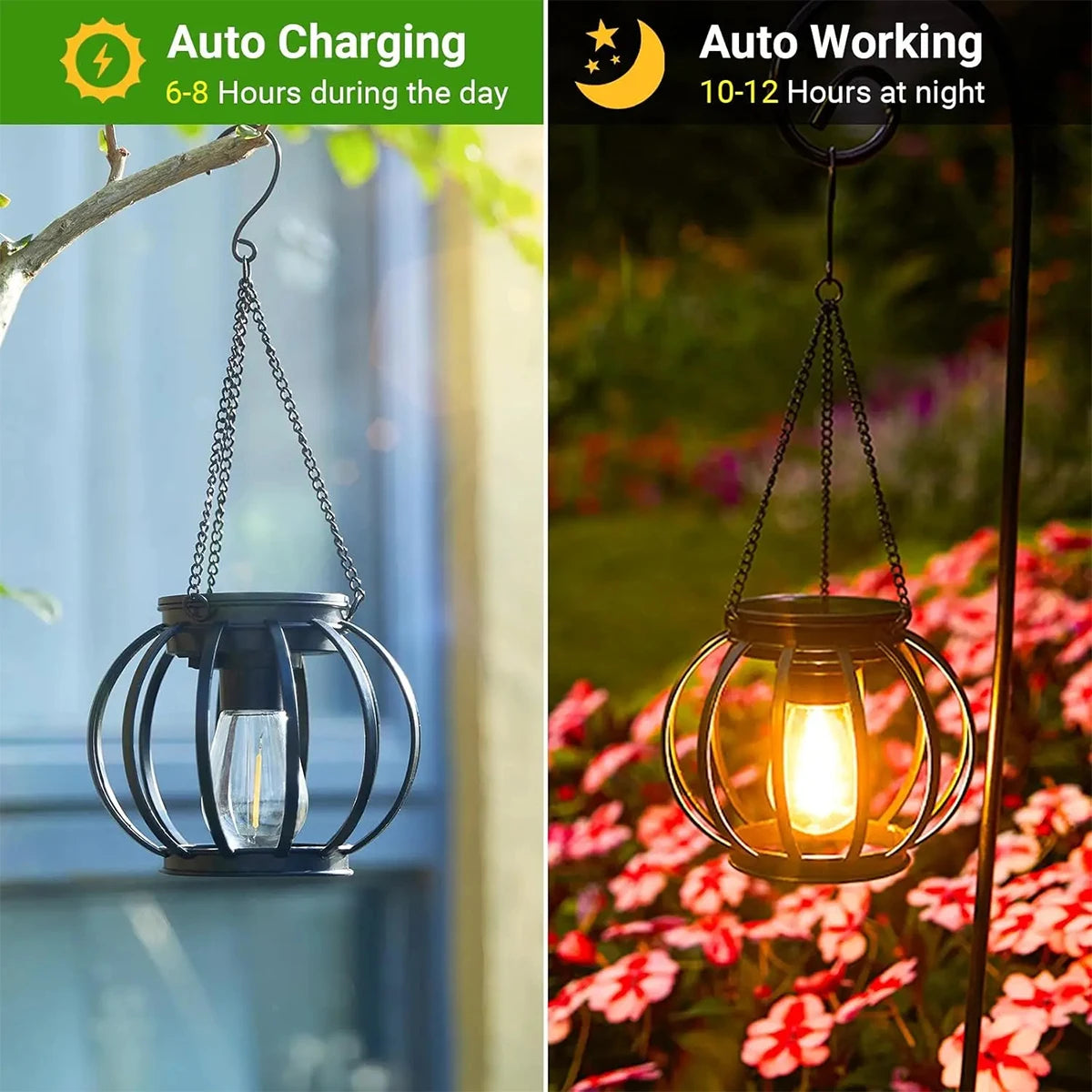 Solar LED Garden Lantern – 3000K Warm Light, Daylight Sensor, Waterproof Iron-Art with Durable Hanging Chain