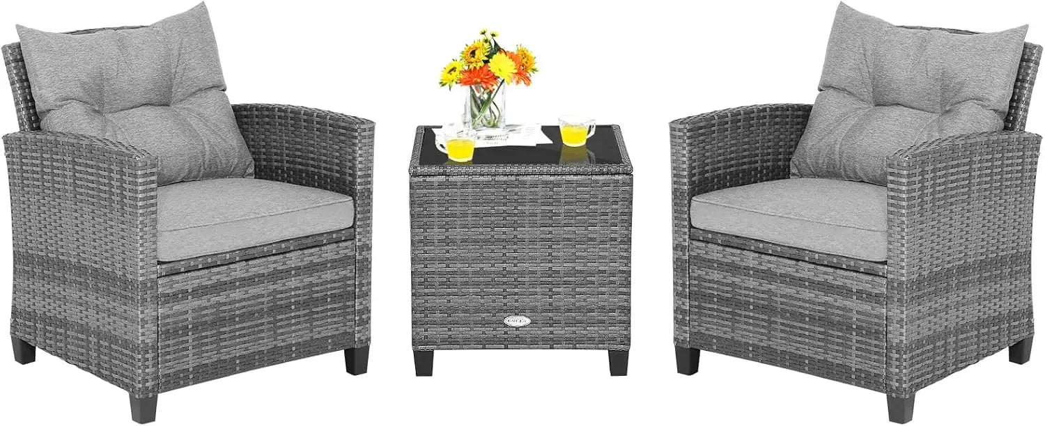 3 Pieces Patio Furniture Set, PE Rattan Wicker 3 Pcs Outdoor Sofa Set w/Washable Cushion and Tempered Glass Tabletop