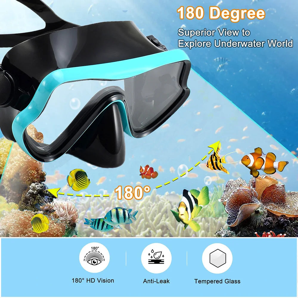 Adult Scuba Diving Mask & Snorkel Set – Tempered Glass Panoramic View