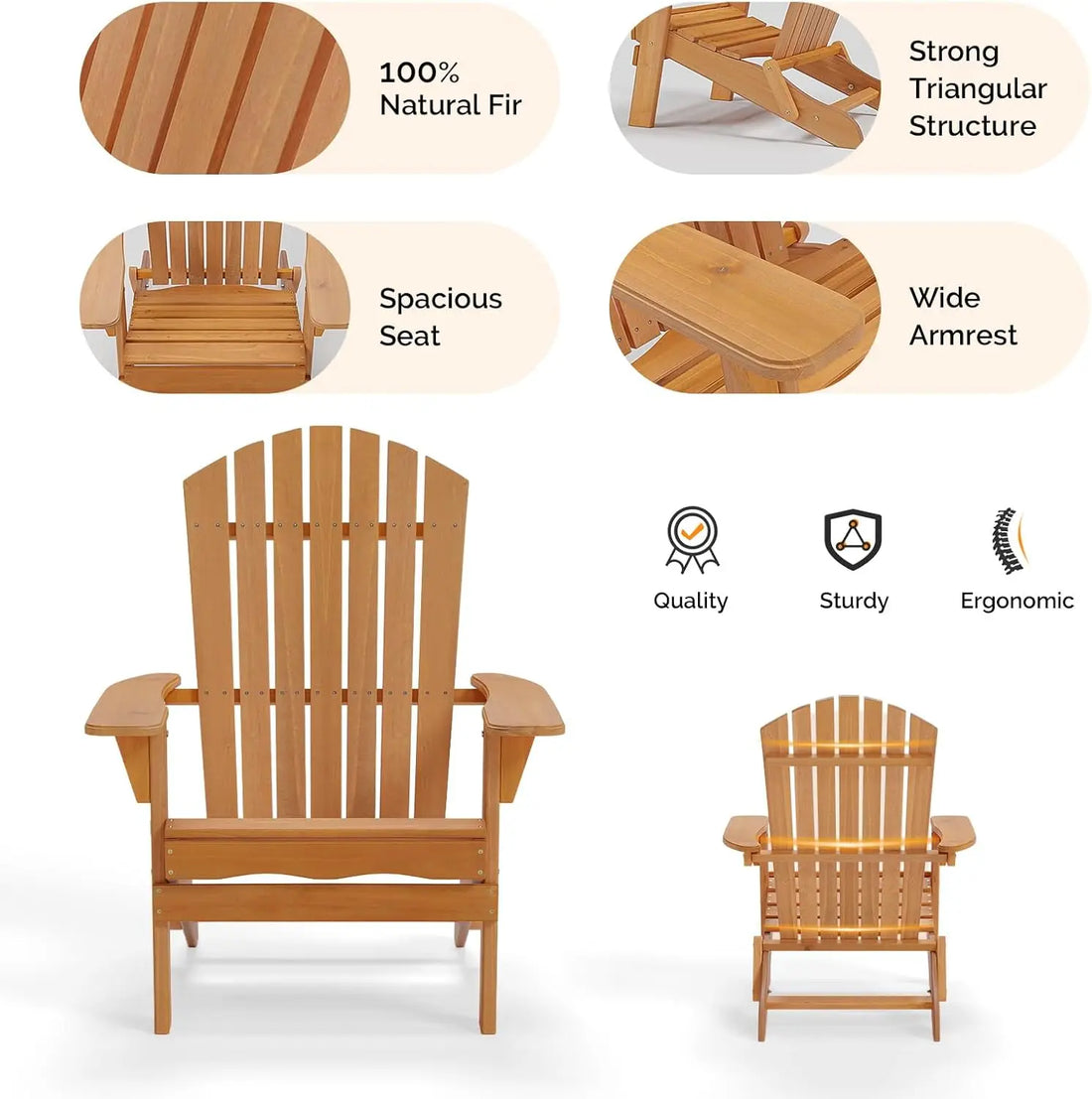Folding Wooden Adirondack Chair for Patio, Porch, Fire Pit & Outdoor Use