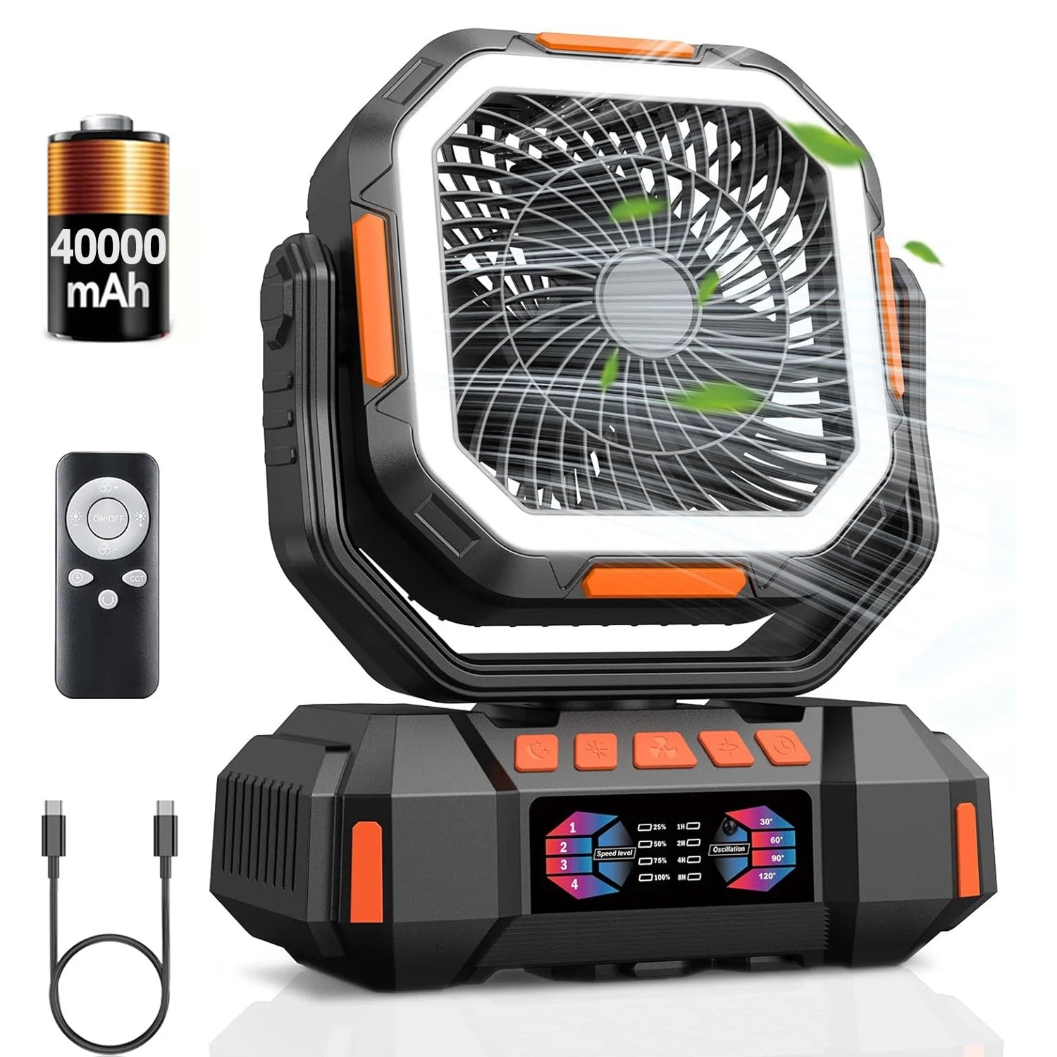 40000mAh Rechargeable Camping Fan – Portable Air Circulator with LED & Power Bank