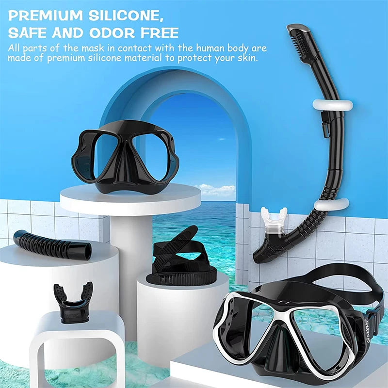 Professional Dry Snorkel Set – Panoramic Wide View Anti-Fog Diving Mask with Dry Tube
