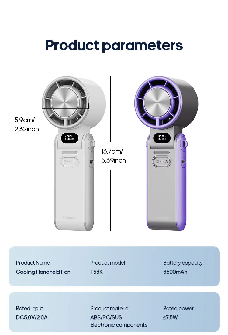 KINSCOTER Mini Portable Handheld Fan – Foldable, Rechargeable, Turbo Cooling