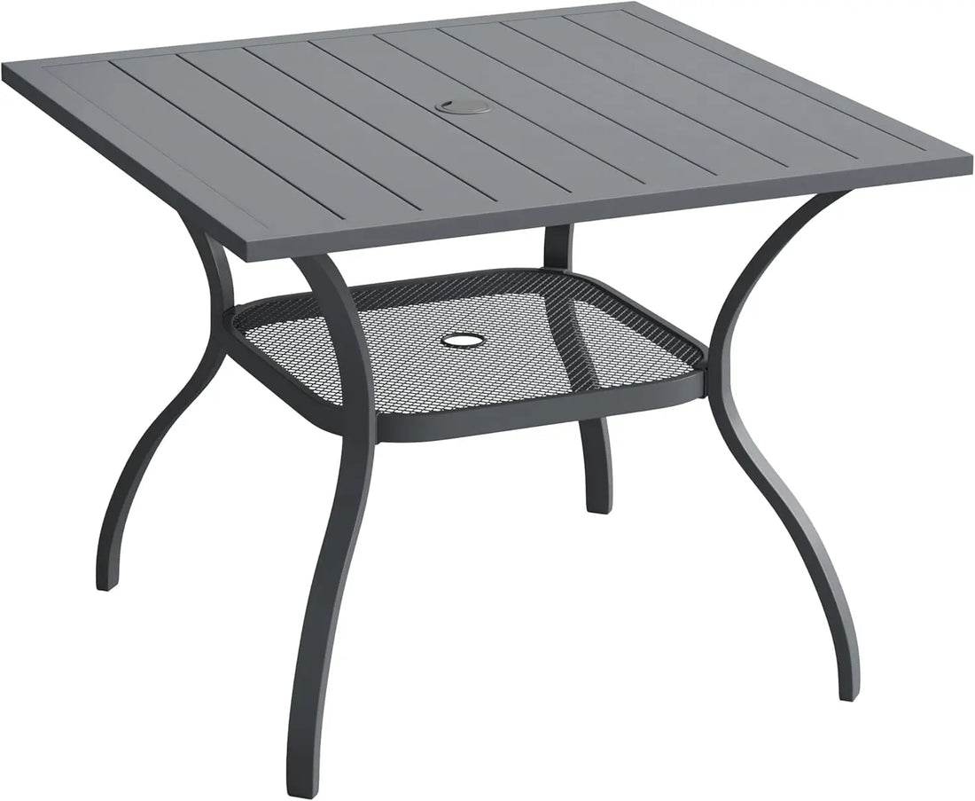 Square Outdoor Patio Dining Table with Wood-Like Top – Weather-Resistant Metal Frame