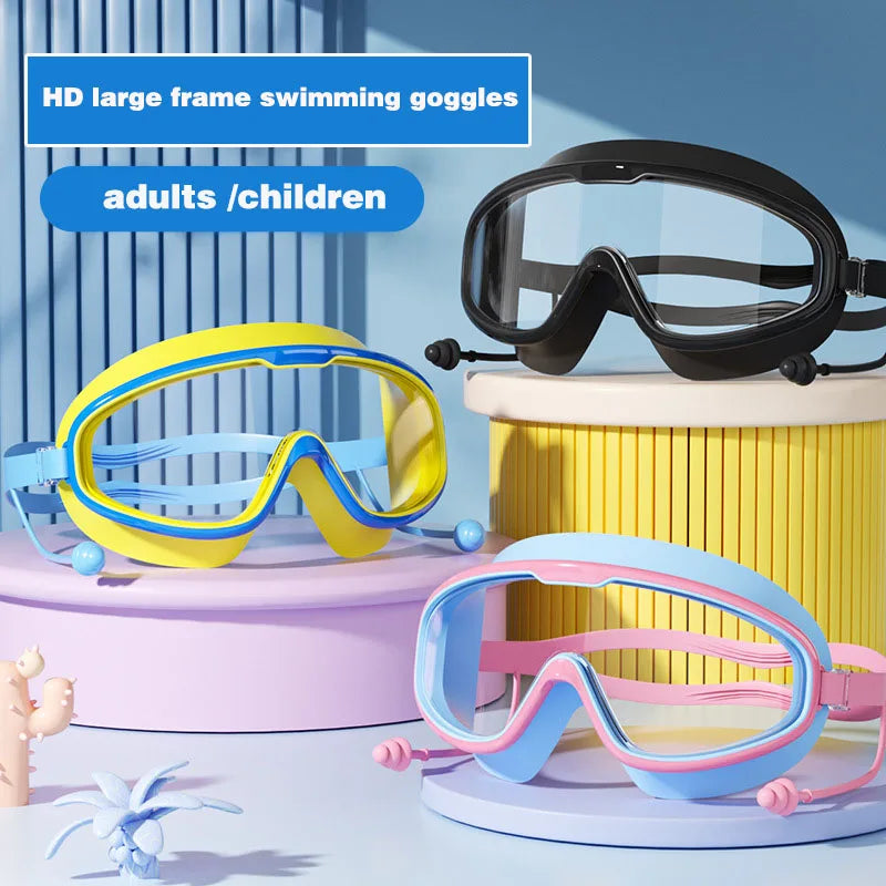 Large Frame Waterproof HD Swimming Goggles with Earplugs – For Adults & Kids