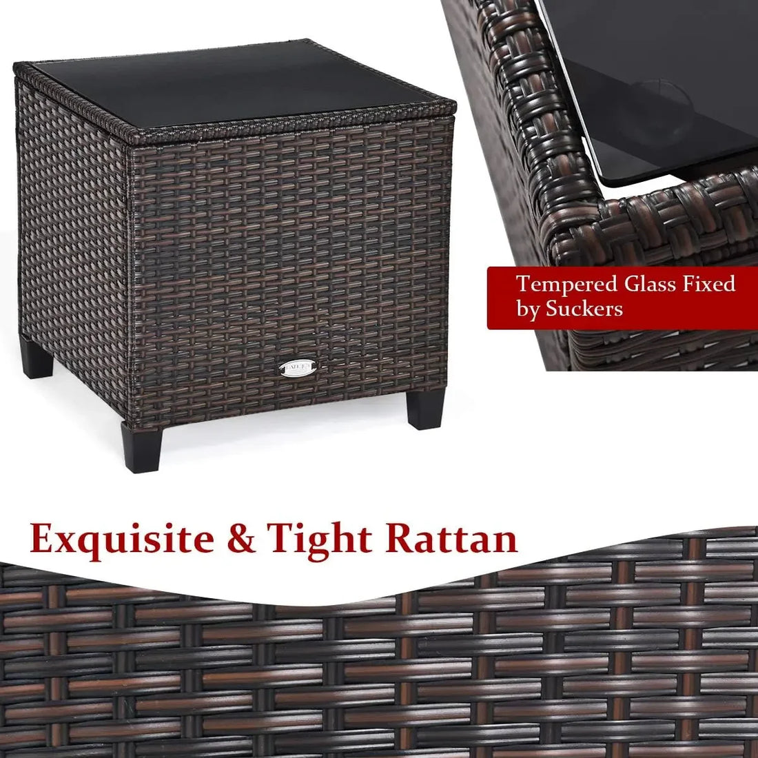 3 Pieces Patio Furniture Set, PE Rattan Wicker 3 Pcs Outdoor Sofa Set w/Washable Cushion and Tempered Glass Tabletop