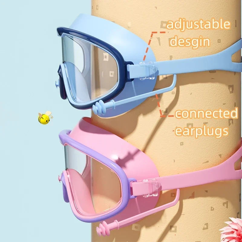 Big Frame Swimming Goggles with Earplugs – Anti-Fog, No-Leak, Wide View for Kids & Adults