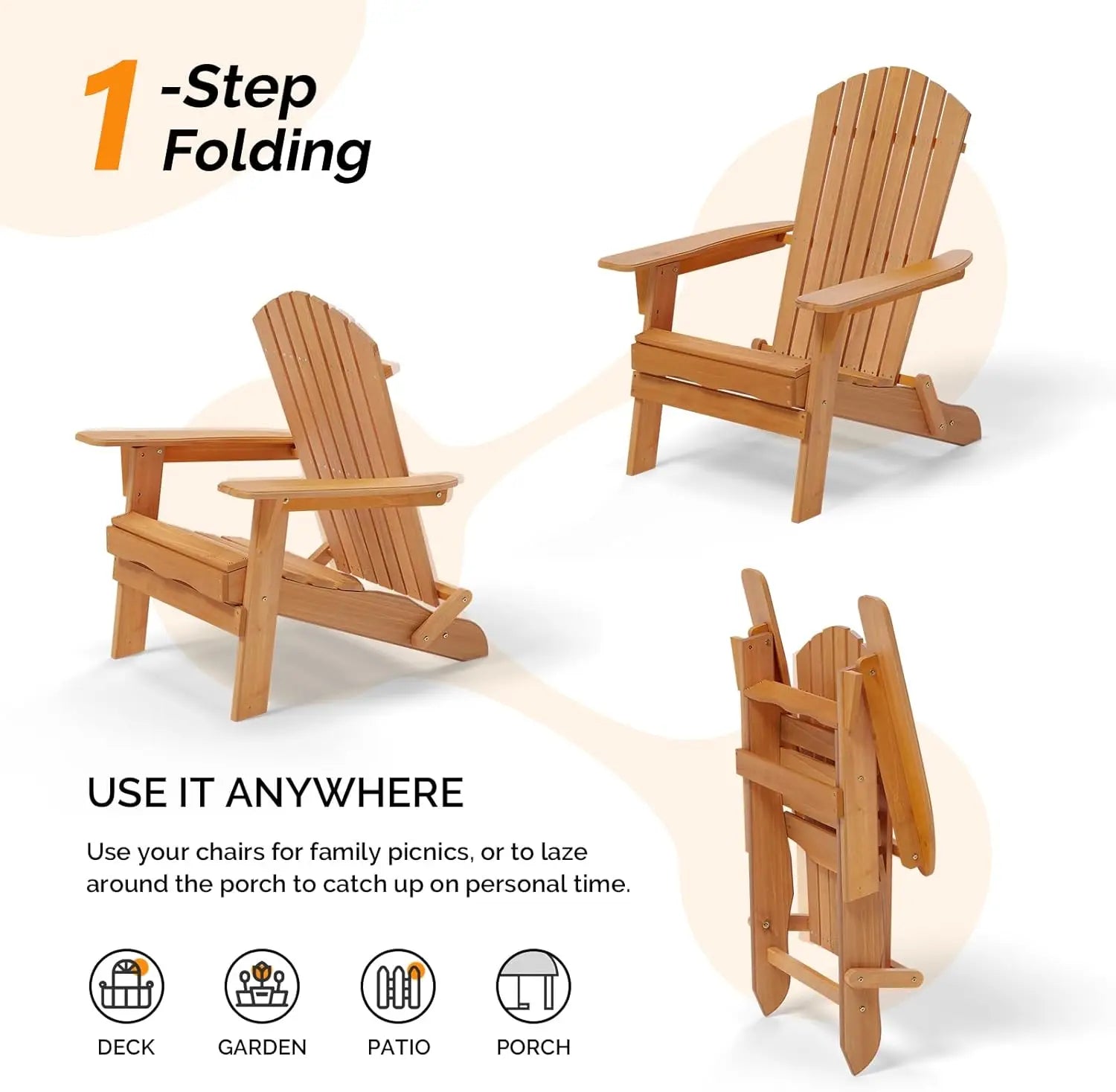 Folding Wooden Adirondack Chair for Patio, Porch, Fire Pit & Outdoor Use