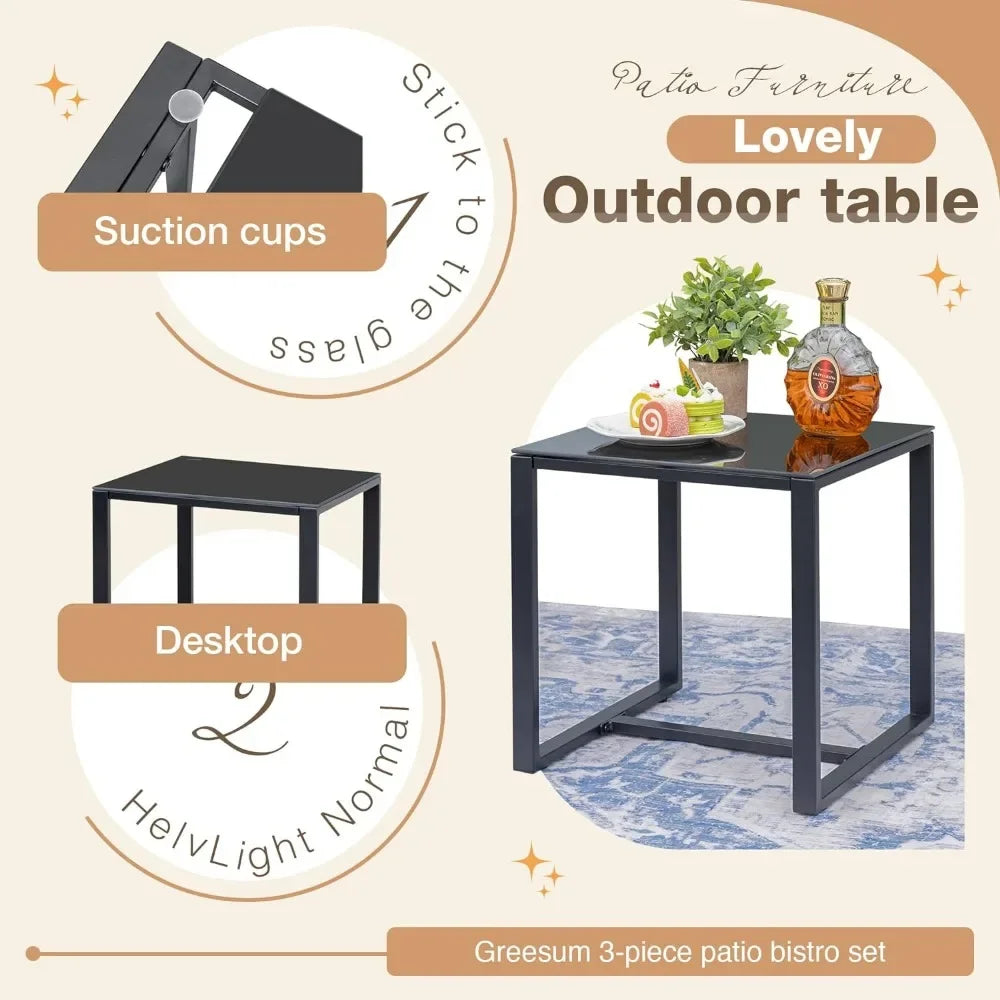 3-Piece Outdoor Furniture Set – Black Bistro Rocking Chairs & Glass Coffee Table