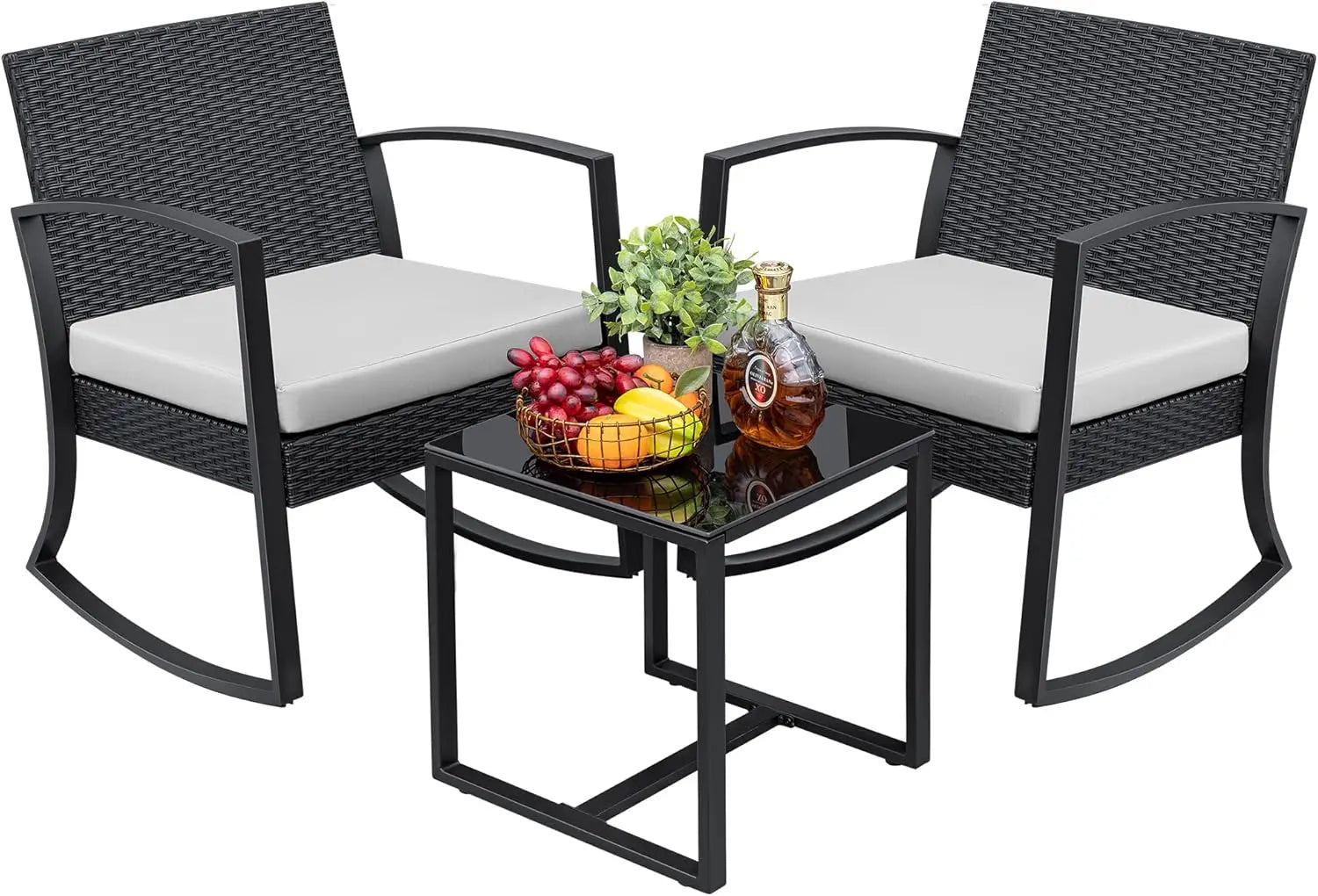 3-Piece Outdoor Furniture Set – Black Bistro Rocking Chairs & Glass Coffee Table