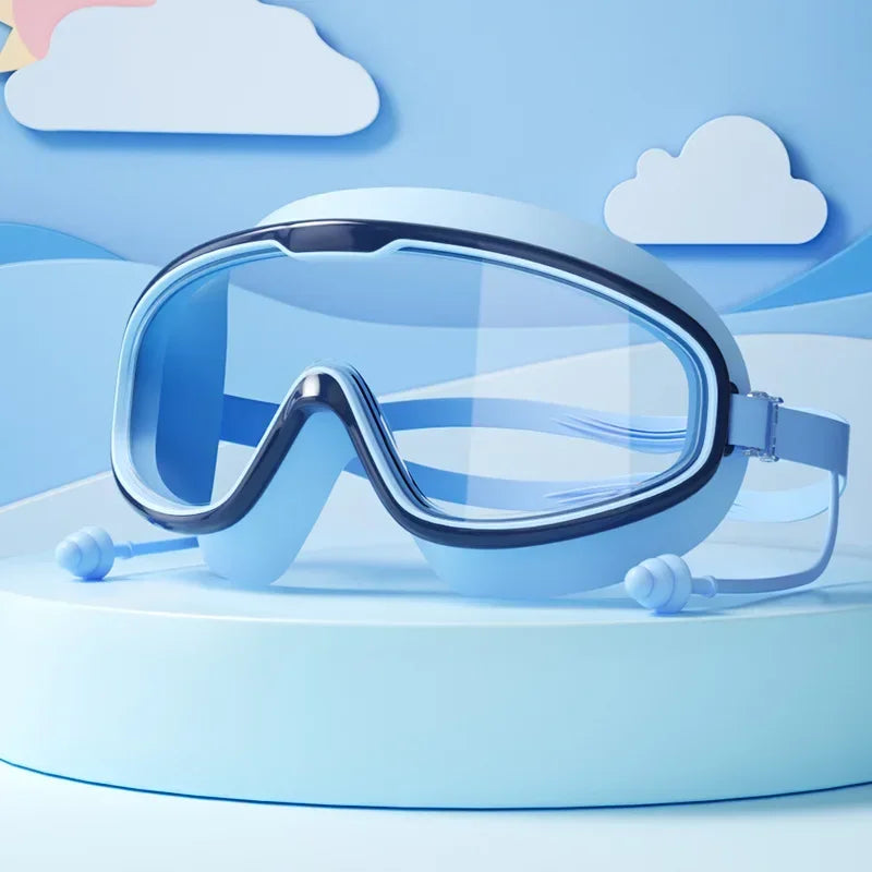 Big Frame Swimming Goggles with Earplugs – Anti-Fog, No-Leak, Wide View for Kids & Adults