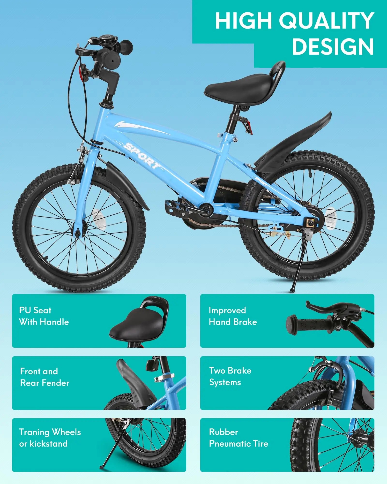 16-Inch Kids Bike with Training Wheels & Kickstand – Adjustable Child Bicycle