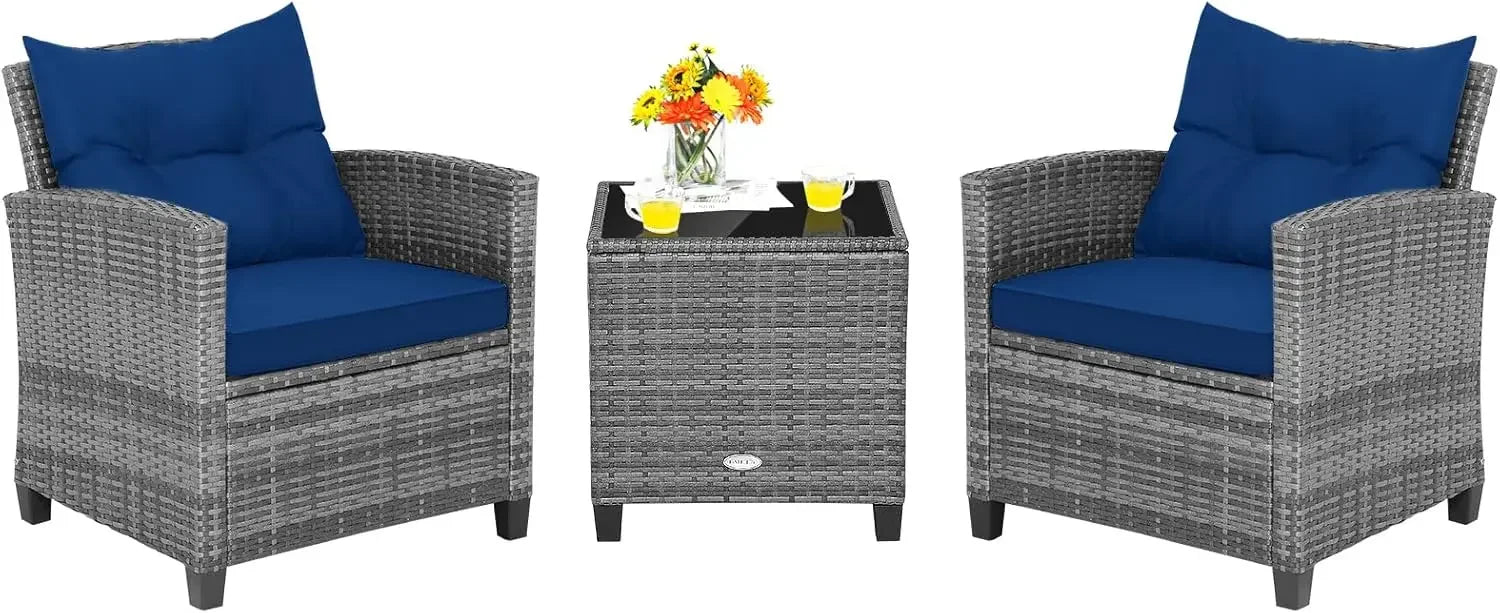 3 Pieces Patio Furniture Set, PE Rattan Wicker 3 Pcs Outdoor Sofa Set w/Washable Cushion and Tempered Glass Tabletop