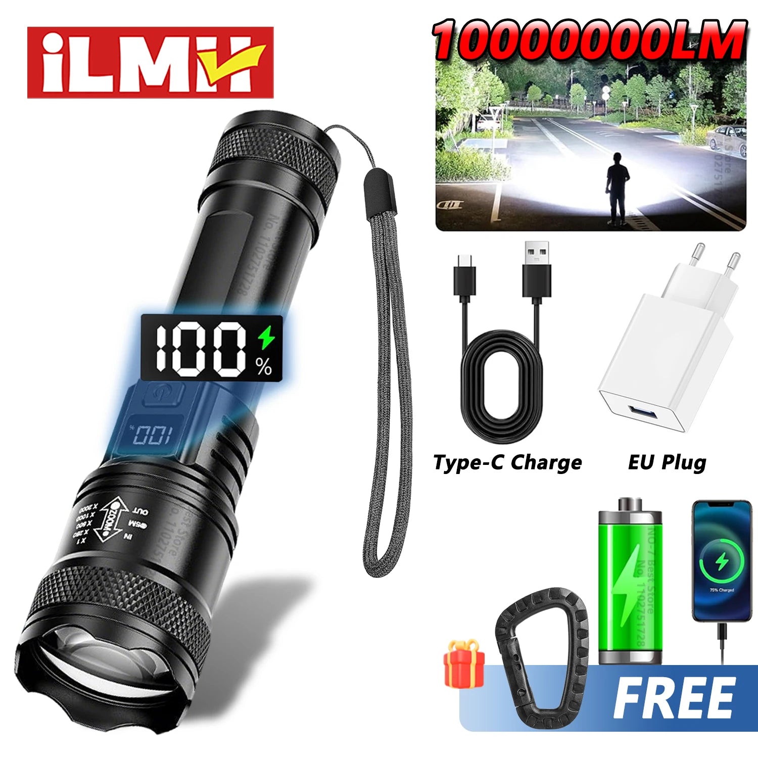 2000LM Tactical LED Flashlight – USB Rechargeable Zoom Torch with Display