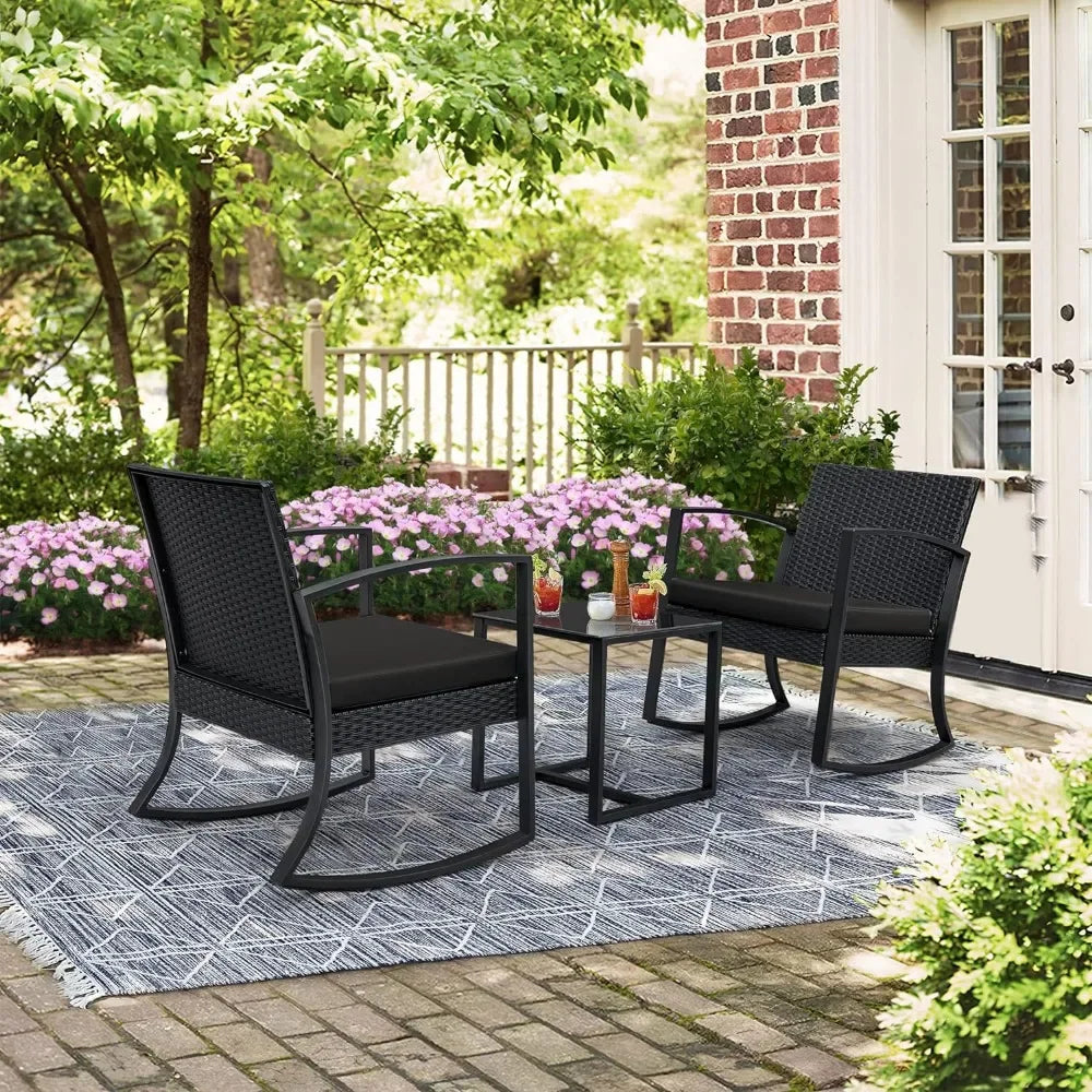 3-Piece Outdoor Furniture Set – Black Bistro Rocking Chairs & Glass Coffee Table