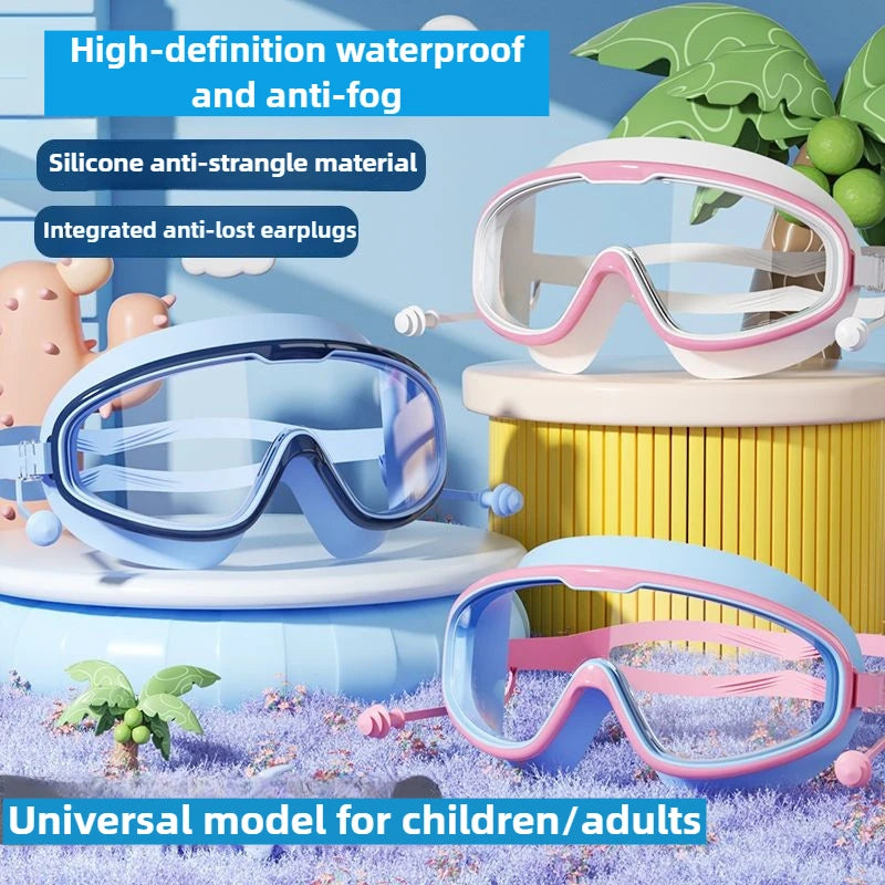 Big Frame Swimming Goggles with Earplugs – Anti-Fog, No-Leak, Wide View for Kids & Adults