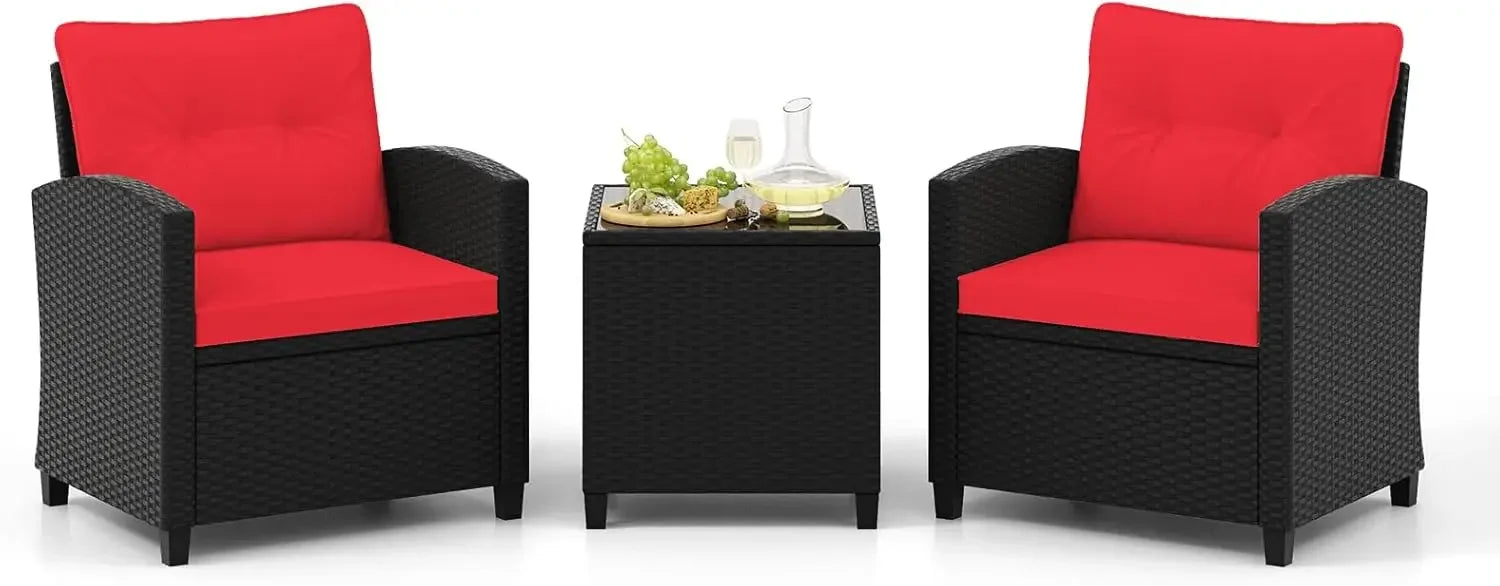 3 Pieces Patio Furniture Set, PE Rattan Wicker 3 Pcs Outdoor Sofa Set w/Washable Cushion and Tempered Glass Tabletop
