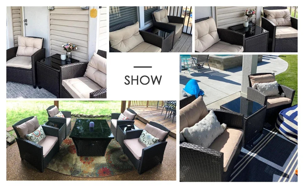 3 Pieces Patio Furniture Set, PE Rattan Wicker 3 Pcs Outdoor Sofa Set w/Washable Cushion and Tempered Glass Tabletop