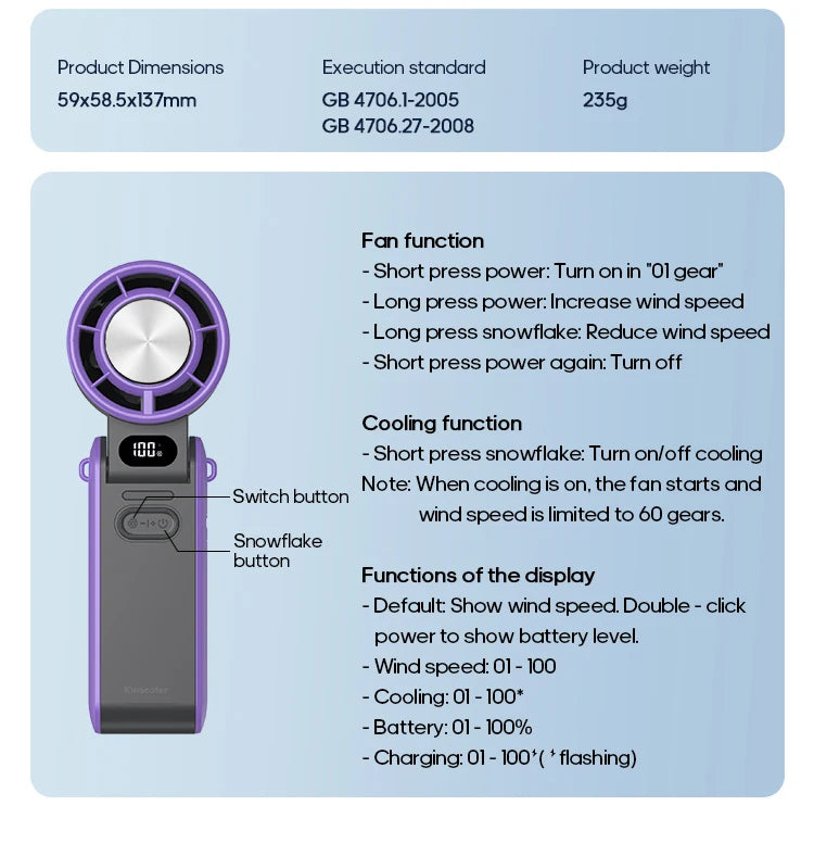 KINSCOTER Mini Portable Handheld Fan – Foldable, Rechargeable, Turbo Cooling