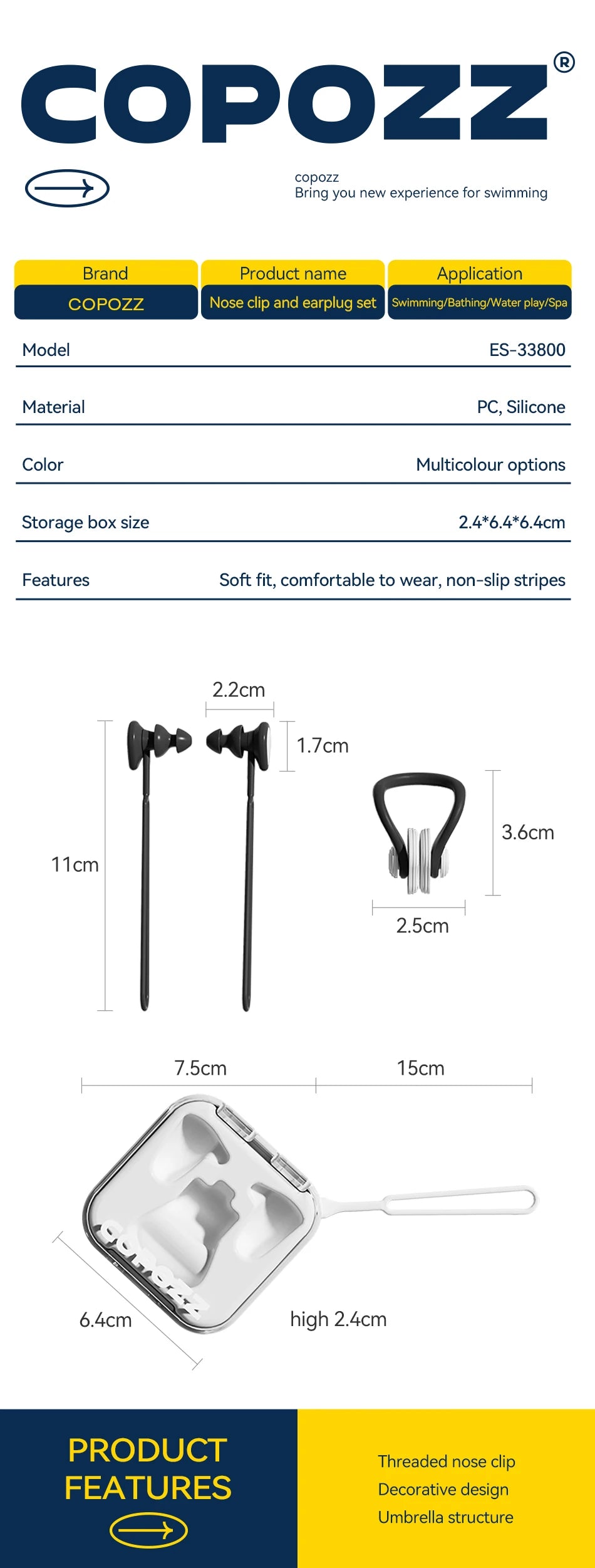 COPOZZ Silicone Swimming Earplugs & Nose Clip Set