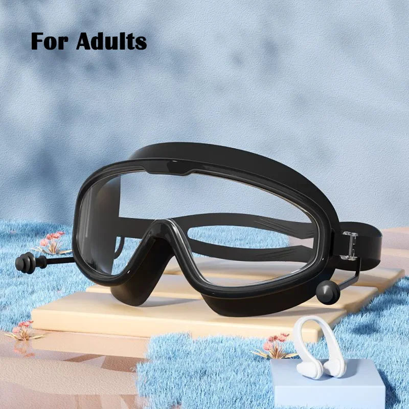Big Frame Swimming Goggles with Earplugs – Anti-Fog, No-Leak, Wide View for Kids & Adults