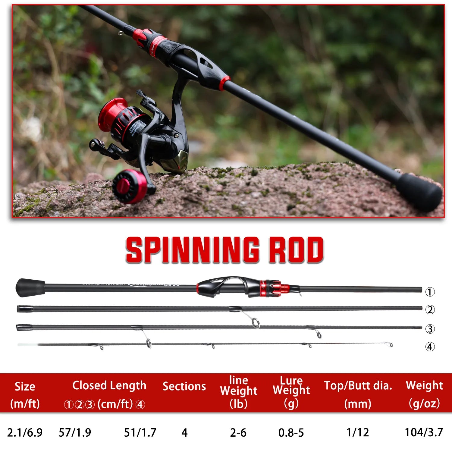 Sougayilang 2.1m Ultralight Carbon Spinning Rod – 4 Sections
