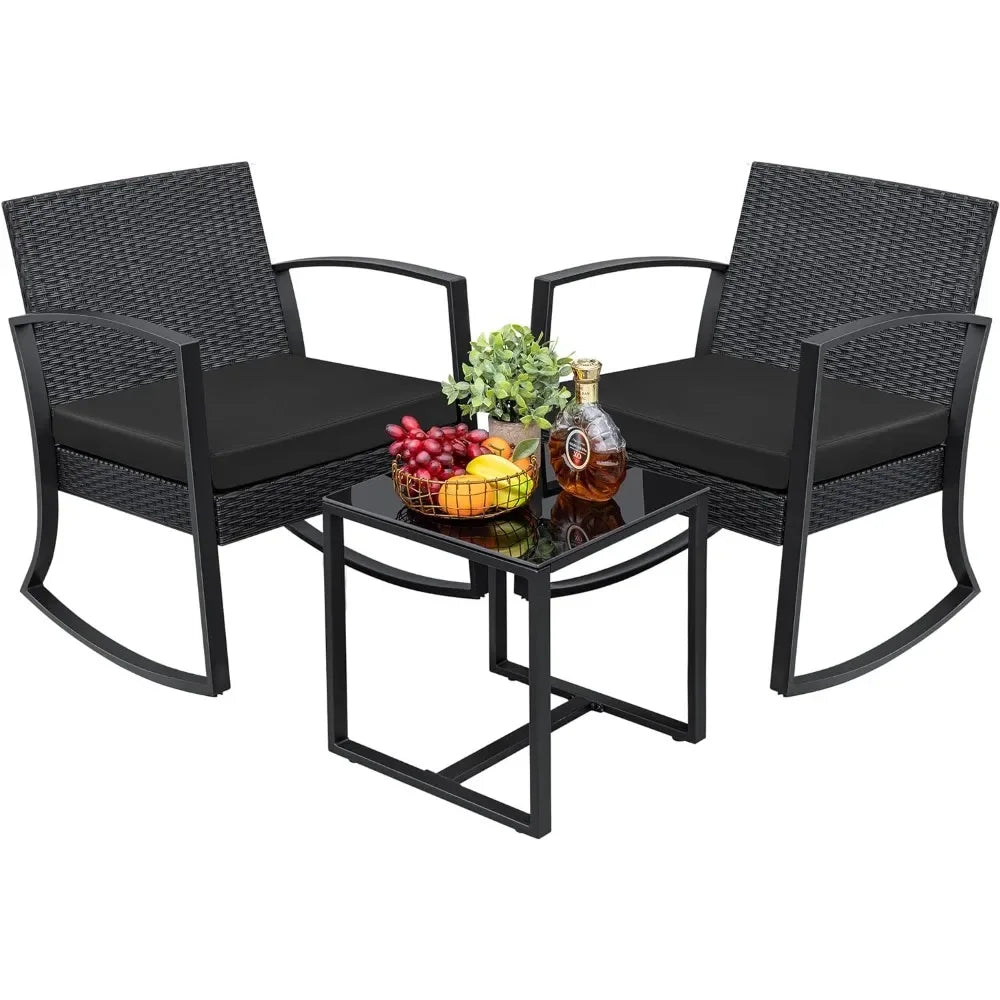 3-Piece Outdoor Furniture Set – Black Bistro Rocking Chairs & Glass Coffee Table