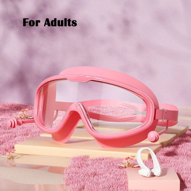 Big Frame Swimming Goggles with Earplugs – Anti-Fog, No-Leak, Wide View for Kids & Adults