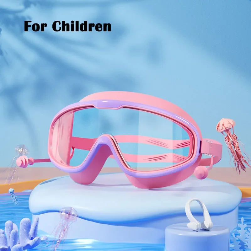 Big Frame Swimming Goggles with Earplugs – Anti-Fog, No-Leak, Wide View for Kids & Adults