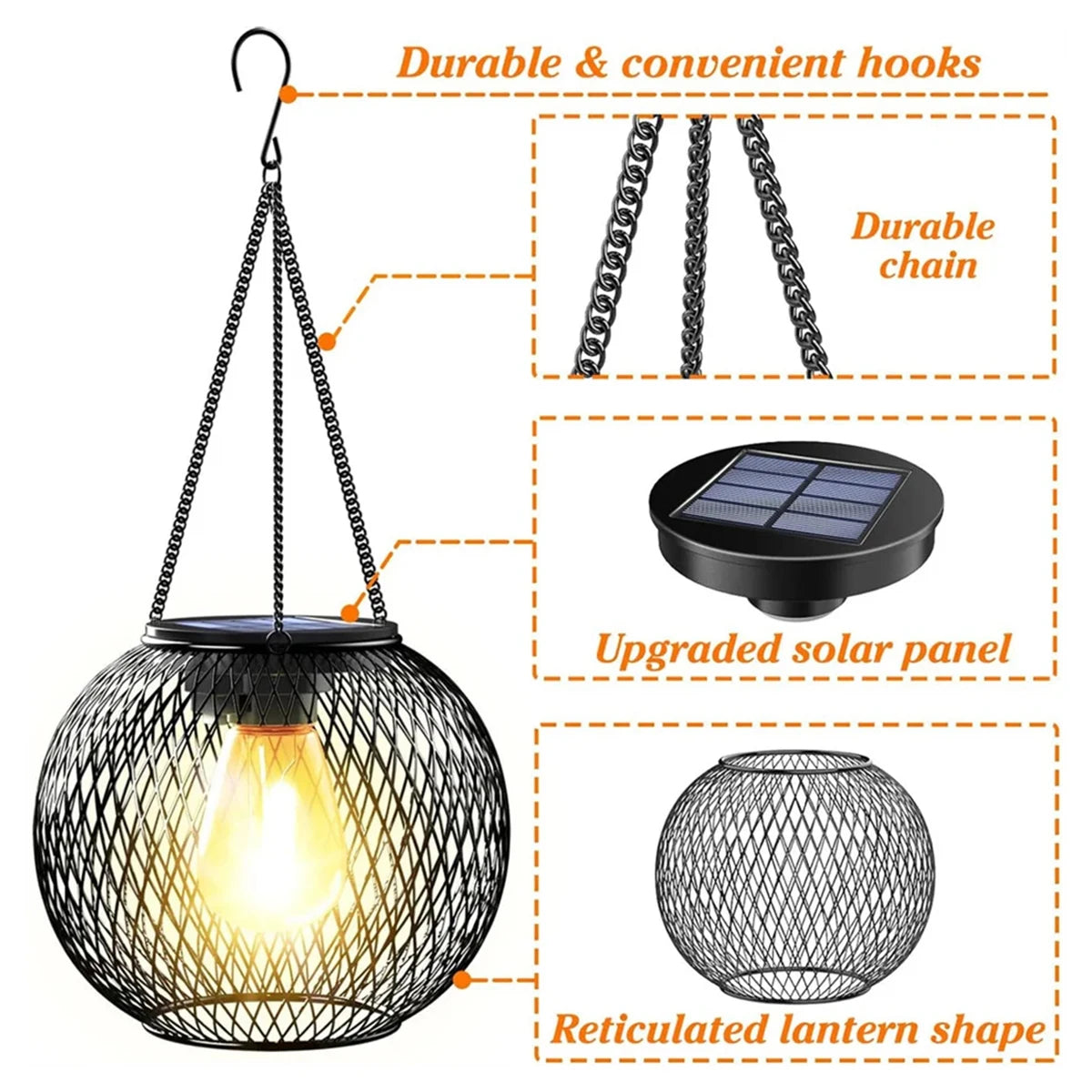 Solar LED Garden Lantern – 3000K Warm Light, Daylight Sensor, Waterproof Iron-Art with Durable Hanging Chain