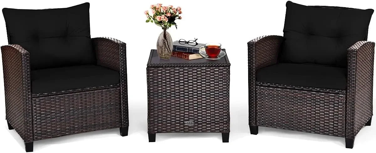 3 Pieces Patio Furniture Set, PE Rattan Wicker 3 Pcs Outdoor Sofa Set w/Washable Cushion and Tempered Glass Tabletop